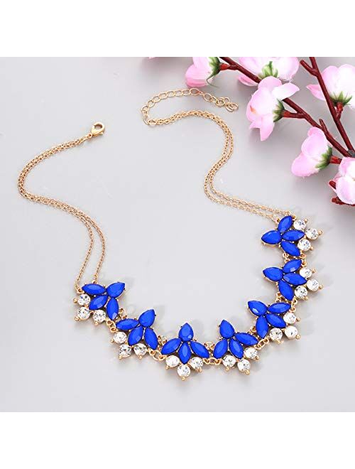 Crystal Flower Collar Necklace for Women Chunky Rhinestone Floral Bib Statement Choker Necklace