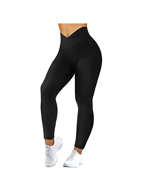RXRXCOCO Women Cross Waist Butt Lifting Leggings Workout Gym High Waisted Yoga Pants Tights