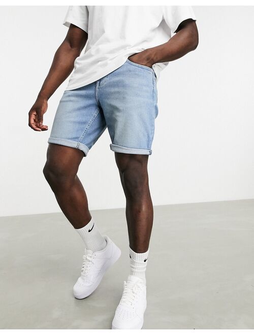 Asos Design slim denim shorts in mid wash blue