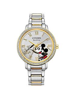 Eco-Drive Disney Quartz Womens Watch, Stainless Steel, Crystal, Mickey Mouse, Two-Tone (Model: FE7044-52W)