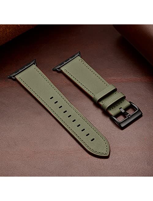 OUHENG Compatible with Apple Watch Band 41mm 40mm 38mm, Genuine Leather Band Replacement Strap Compatible with Apple Watch Series 7/6/5/4/3/2/1/SE, Army Green Band with B
