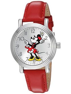 Minnie Mouse Women's Silver Vintage Alloy Watch, Red Leather Strap, W002760