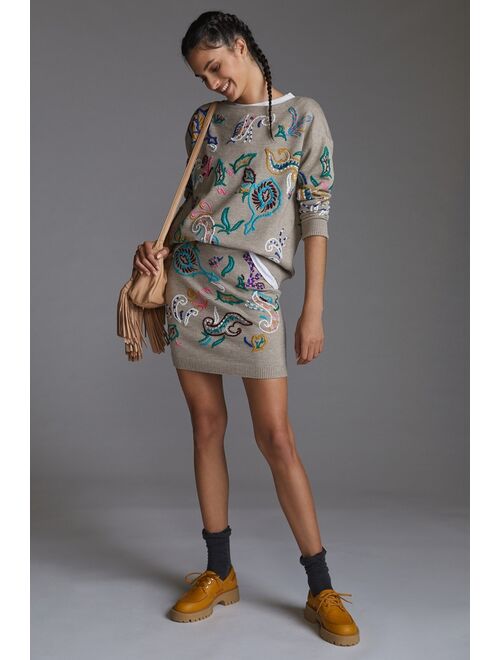 Anthropologie Embroidered Pullover Sweater and Pull-on Skirt Set