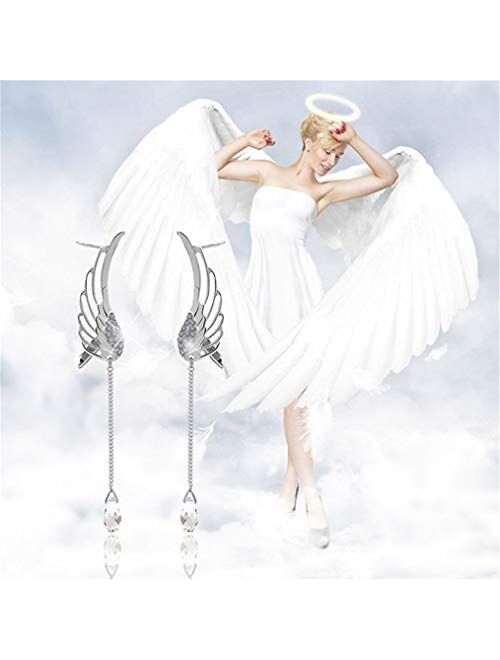 Cngstar Angel Wing Silver Plated Crystal Tassel Chain Drop Ear Cuff Stud Rhinestone Dangle Clip Earrings For Women