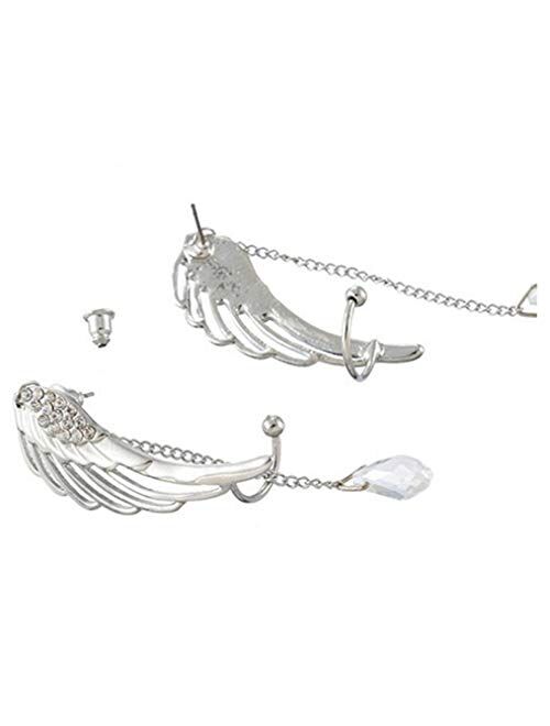 Cngstar Angel Wing Silver Plated Crystal Tassel Chain Drop Ear Cuff Stud Rhinestone Dangle Clip Earrings For Women