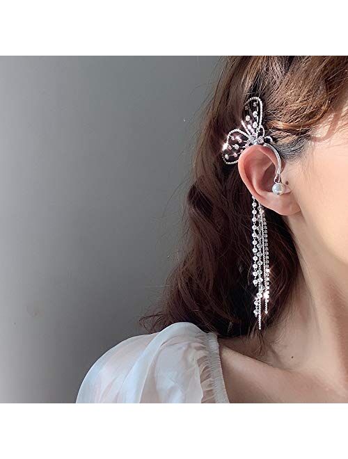 SPDD Butterfly Ear Cuffs Crystal Clip On Earring Long Tassels Charm Hollow Ear Clip Jewelry Women Asymmetry Crystal Rhinestone Women Dangle Earrings