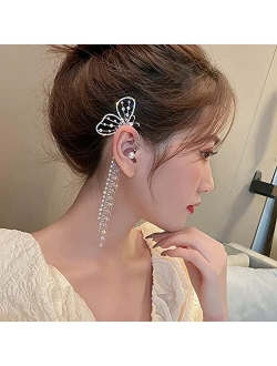 SMEJS Earrings Fashion Crystal Butterfly Clip On Earring Pearl Bead Ear Cuff Long Tassels Charm Hollow Earrings for Women Clip Jewelry Gifts