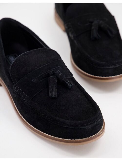 Asos Design tassel loafers in black suede with natural sole