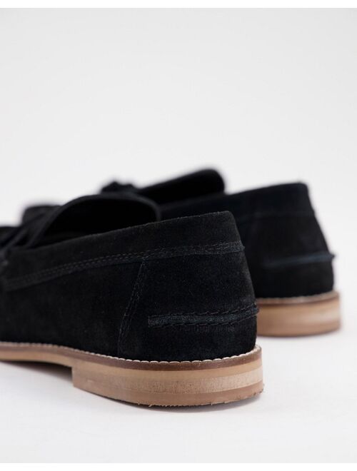 Asos Design tassel loafers in black suede with natural sole