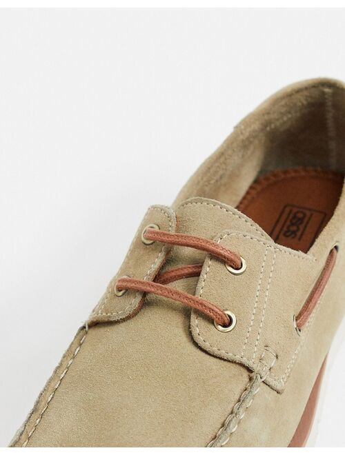 Asos Design boat shoes in stone suede with white sole