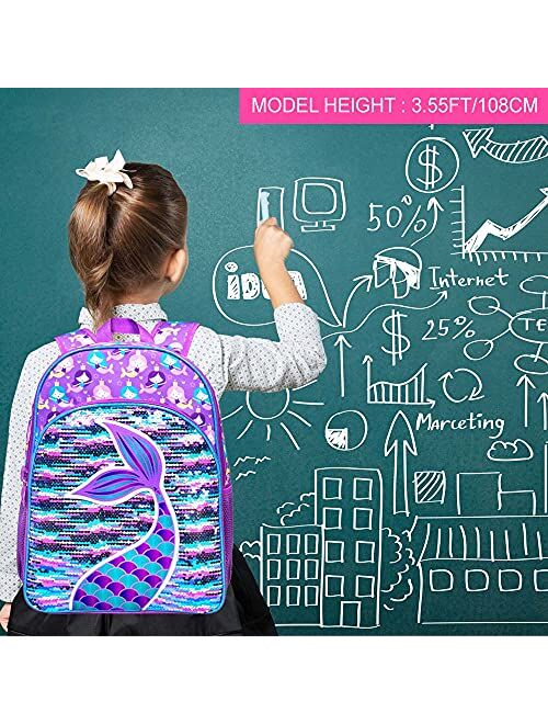 AGSDON 3PCS Kids Backpacks for Girls, 16" Little Kid Flamingo Sequin Preschool School Bookbags and Lunch Box
