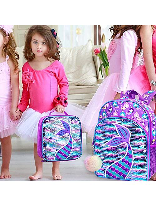 AGSDON 3PCS Kids Backpacks for Girls, 16" Little Kid Flamingo Sequin Preschool School Bookbags and Lunch Box