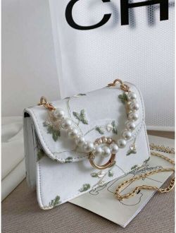 Faux Pearl Decor Floral Embroidery Satchel Bag