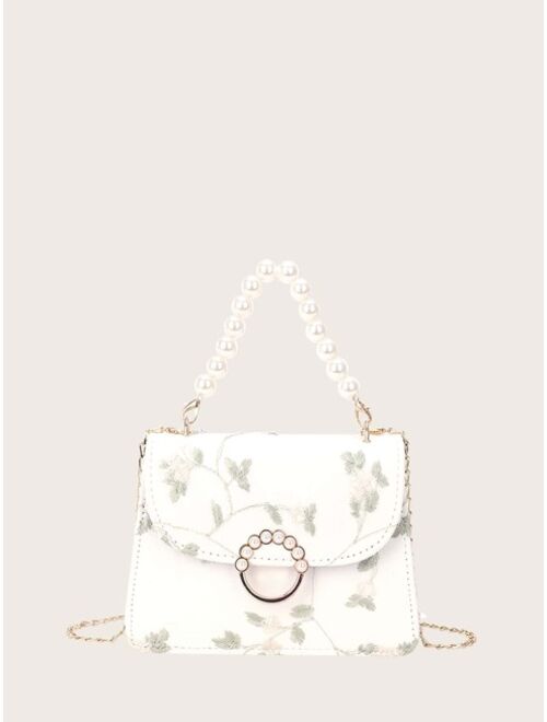 Shein Faux Pearl Decor Floral Embroidery Satchel Bag