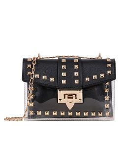 Qiayime Purses and Handbags for Women Fashion PU Leather Top Handle Chain transparent Crystal Rivet Satchel Shoulder Tote clutch Bag