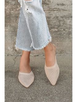 Jeaney Light Nude Ribbed Knit Pointed-Toe Mule Slides