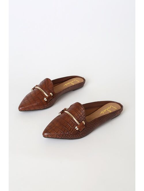 Lulus Chelsie Brown Crocodile Embossed Pointed-Toe Loafer Slides