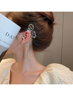 Fashion Crystal Butterfly Clip On Earring Pearl Bead Ear Cuff Long Tassels Charm Hollow Earrings For Women Clip Jewelry Gifts