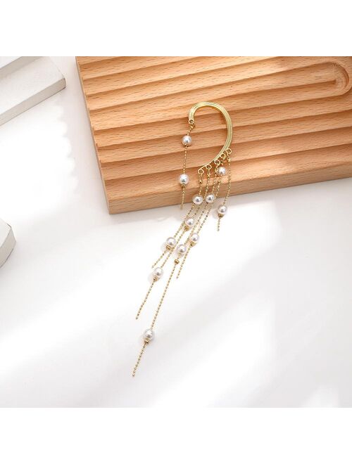 Flashbuy 1 PC Single New Korean Pearl Earrings 2020 Long Drill Arc Ear Hanging Clip Earrings for Women Minimalist Ear Cuff