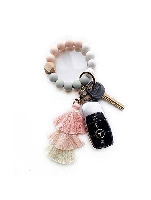 Silicone Key Ring Bracelet, KeyChains for Women,Car Keychain Beaded Wristlet Tassel for Women and Girls.