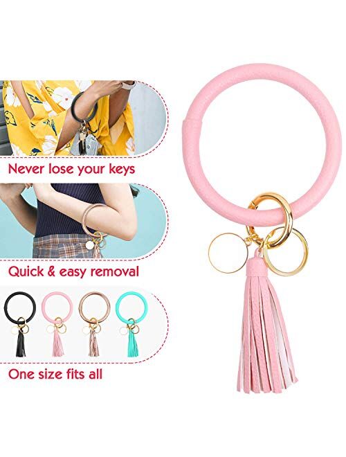 Key Ring Bracelet for Women, Flasoo 4Pcs Wristlet Keychain Bracelet Round Key Chain Wrist Large Circle Leather Tassel Bracelet Bangle Keyring for Women Girls