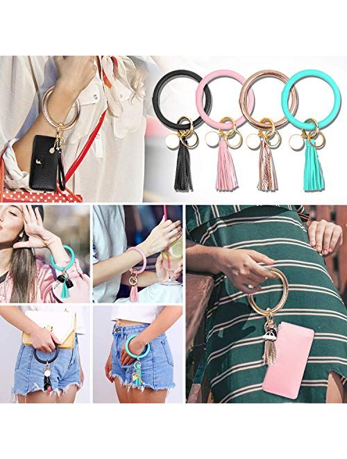 Key Ring Bracelet for Women, Flasoo 4Pcs Wristlet Keychain Bracelet Round Key Chain Wrist Large Circle Leather Tassel Bracelet Bangle Keyring for Women Girls