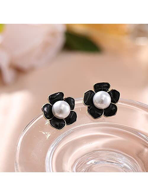 Stud Earings 14K Gold Plated 925 Sterling Silver Post Rose Flower & Pearl Stud Earrings for Women