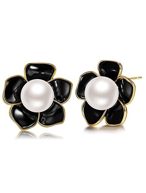 Stud Earings 14K Gold Plated 925 Sterling Silver Post Rose Flower & Pearl Stud Earrings for Women