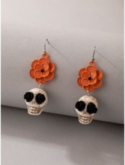 Halloween Skull & Flower Drop Earrings
