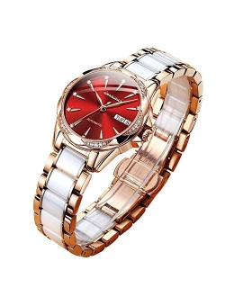 Women's Luxury Automatic Watches, Classy Large Face Mother of Pearl Dial Diamond Watches for Women, 50M Waterproof Day-Date Sapphire Crystal, Two Tone Ceramic Stainless S