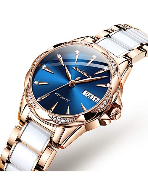 Women's Luxury Automatic Watches, Classy Large Face Mother of Pearl Dial Diamond Watches for Women, 50M Waterproof Day-Date Sapphire Crystal, Two Tone Ceramic Stainless S