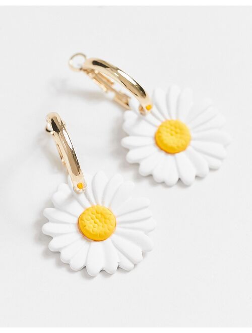 Asos Design hoop earrings with large daisy charm in gold tone