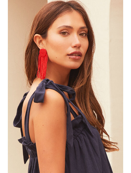 Lulus Bright and Bold Red Beaded Fringe Earrings
