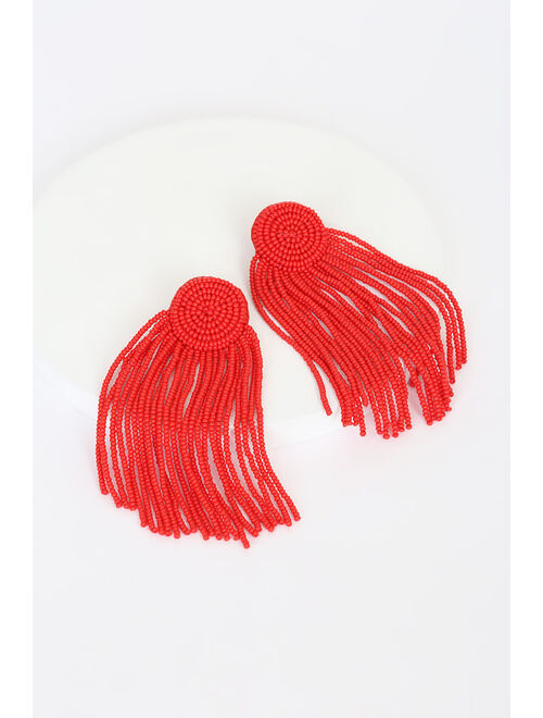 Lulus Bright and Bold Red Beaded Fringe Earrings