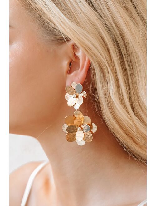 Lulus Blooming Season Gold Rhinestone Flower Statement Earrings