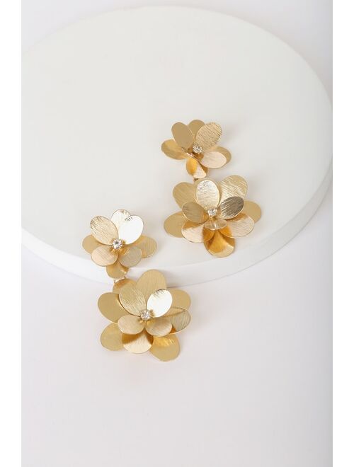 Lulus Blooming Season Gold Rhinestone Flower Statement Earrings