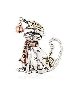 RareLove Cute Cat Santa Costumes Ring Bell Christmas Pins and Brooches Two Tone Rose Gold Silver Plated Alloy Holiday Animal Jewelry for Women Girls