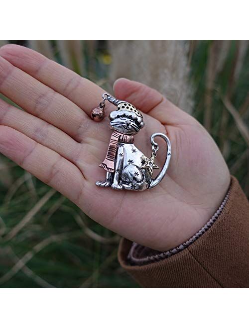 RareLove Cute Cat Santa Costumes Ring Bell Christmas Pins and Brooches Two Tone Rose Gold Silver Plated Alloy Holiday Animal Jewelry for Women Girls