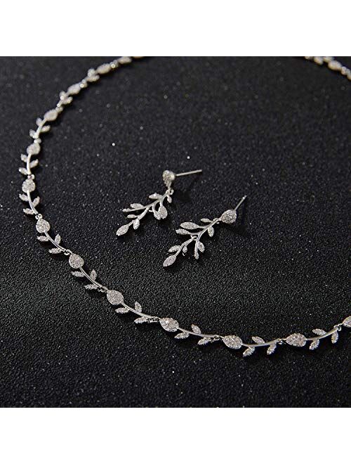 SWEETV Cubic Zirconia Wedding Jewelry Sets for Brides Bridesmaids, Crystal Leaf Vine Bridal Earrings and Necklace Set for Women, Gifts