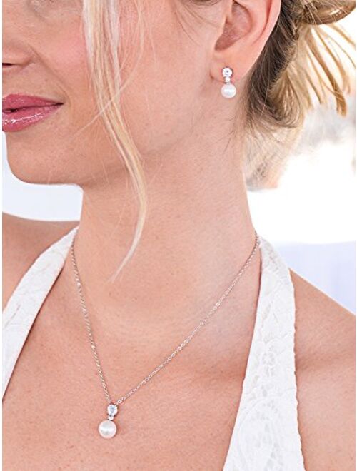 Mariell Cubic Zirconia & Ivory Pearl Wedding Necklace and Earrings Jewelry Set for Bridesmaids & Brides