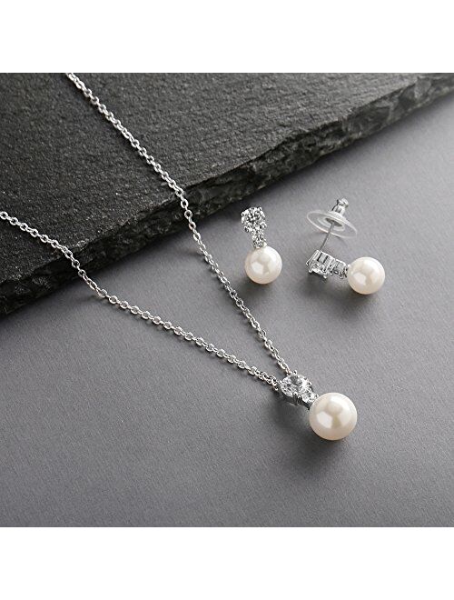 Mariell Cubic Zirconia & Ivory Pearl Wedding Necklace and Earrings Jewelry Set for Bridesmaids & Brides
