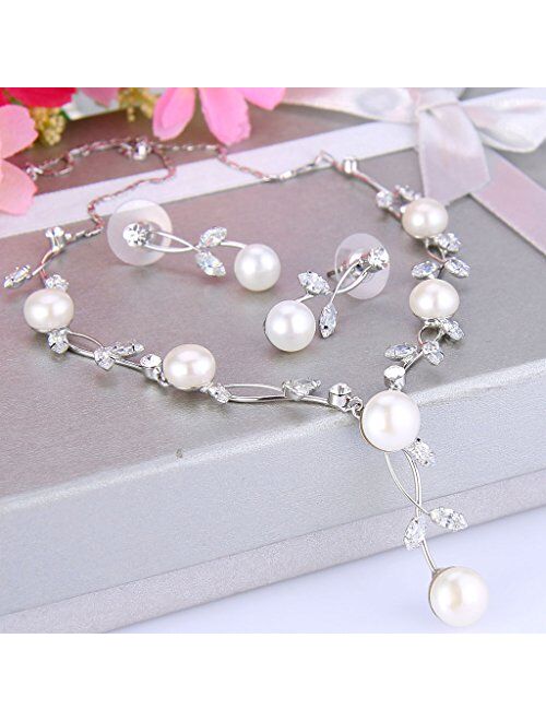 EVER FAITH CZ Crystal Cream Simulated Pearl Floral Vine Filigree Necklace Earrings Set