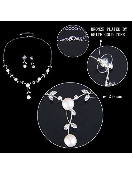 EVER FAITH CZ Crystal Cream Simulated Pearl Floral Vine Filigree Necklace Earrings Set
