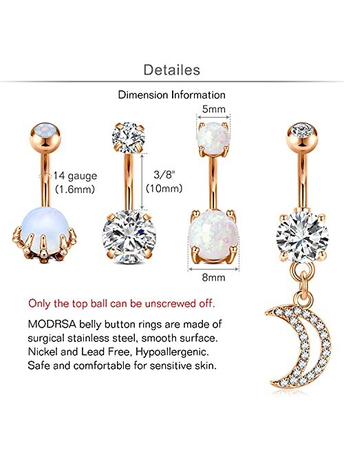 MODRSA Belly Button Rings Surgical Steel Belly Rings Opal Pearl Diamond Stainless Steel Navel Rings Silver Rose Gold Dangle Moon Navel Piercing Jewelry for Women