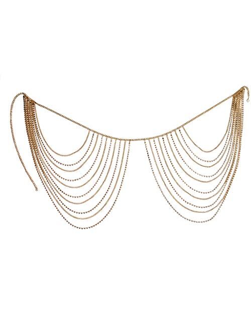Victray Crystal Belly Waist Chain Beach Layered Body Chains Fashion Waist Jewelry Nightclub Body Accessory for Women and Girls (Gold)