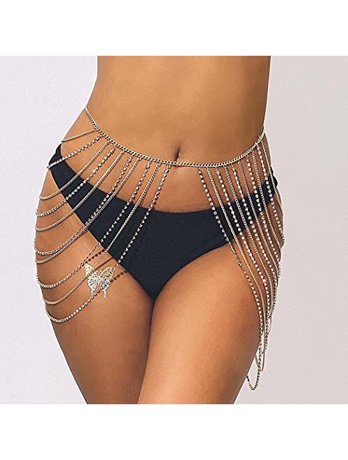 Victray Crystal Belly Waist Chain Beach Layered Body Chains Fashion Waist Jewelry Nightclub Body Accessory for Women and Girls (Gold)