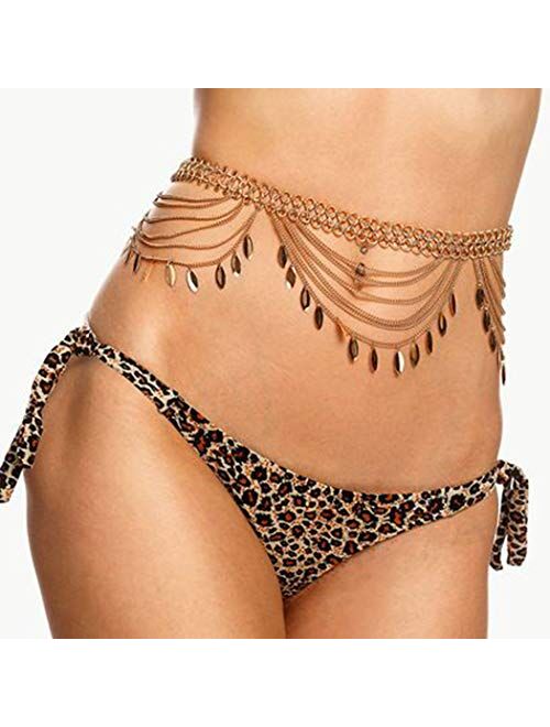 Victray Sequins Belly Waist Chain Beach Body Chains Fashion Waist Jewelry Nightclub Body Accessory for Women and Girls (Gold)