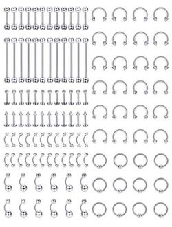 Jstyle 120Pcs Body Jewelry Piercing Lot Stainless Steel Nose Horseshoe Lip Tongue Eyebrow Tragus Body Piercing Navel Belly Ring Barbells 14G-16G