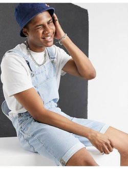 relaxed denim overall shorts in light stone wash blue