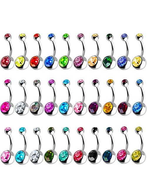 Outee 30 Pcs 14G Belly Button Rings Belly Rings for Women Belly Piercing Jewelry Belly Bars Navel Rings Stainless Steel Body Piercing Jewelry for Women